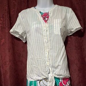 J Crew White Stripe Short Sleeve Tie Button Shirt